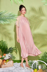 Pleated Silk Midi Dress with Sheer Cape Sleeves